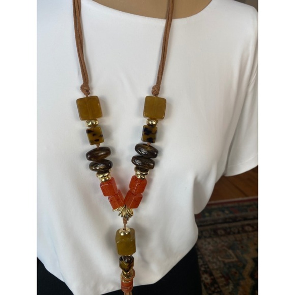 Chico's Long Amber Orange Resin Bead Necklace Gold Tone Faux Suede Cord - Picture 2 of 8